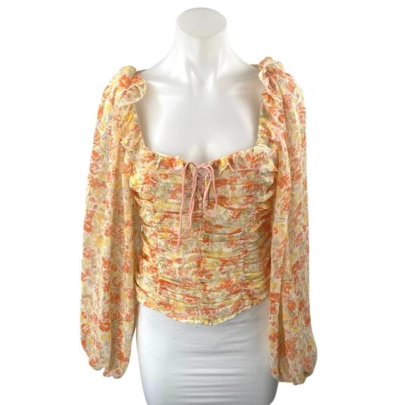 Free People Mabel Orange Floral Ruffle Ruched Cutout Long Sleeve Blouse Top XS - Picture 1 of 4